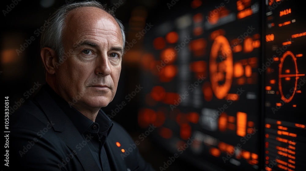 Poster portrait of a man in a black suit with a digital display in the background
