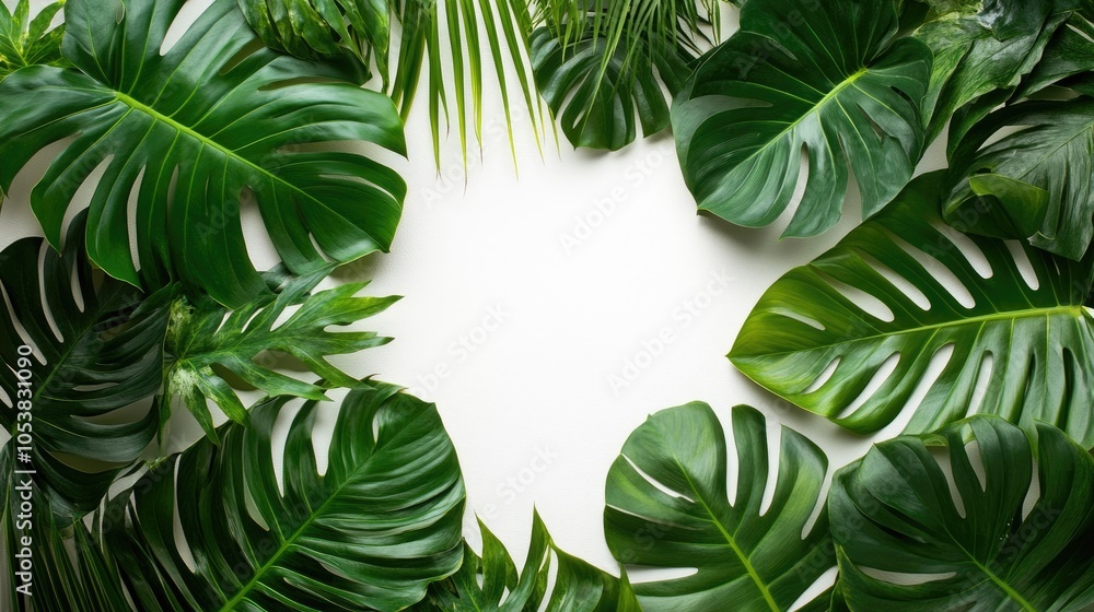 Poster A realistic border framed with lush monstera and palm leaves creating a white central space in a top view flat lay arrangement