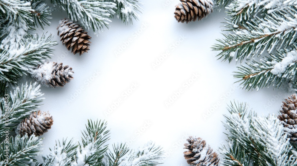 Poster Snow covered pine branches and cones create a festive natural frame against a white backdrop ideal for holiday themed designs
