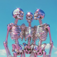 Glistening skeleton trio bathed in sky's radiance