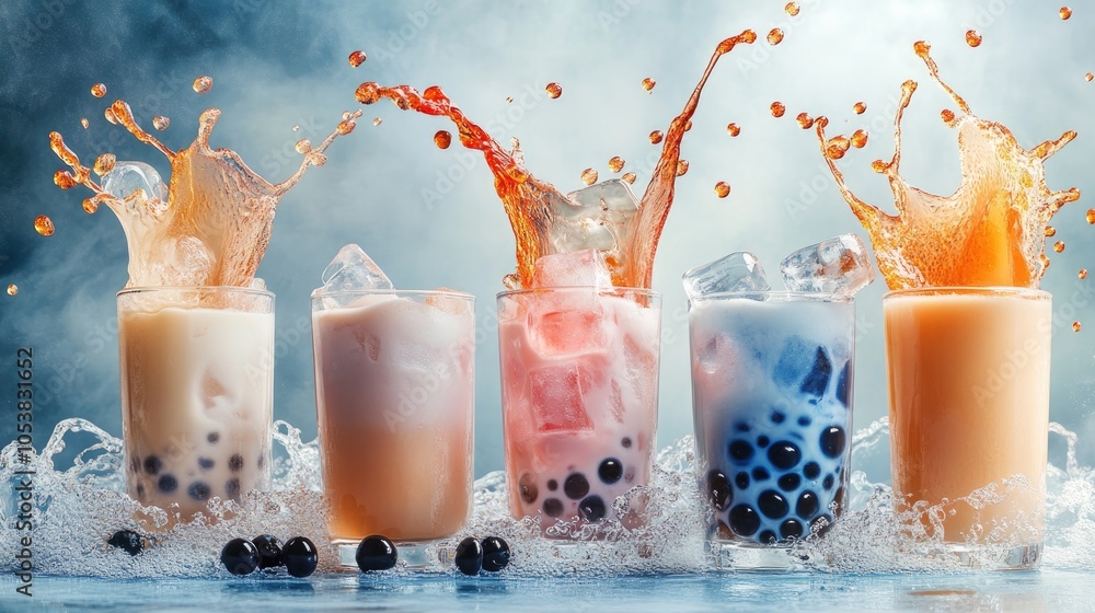Poster studio banner featuring assorted glasses filled with ice cubes dark tapioca pearls and milk showcasi