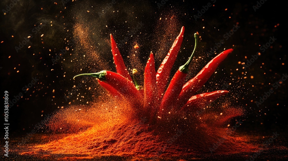 Poster isolated burst of raw red chilies and powder on a black background captured in a close up showcasing