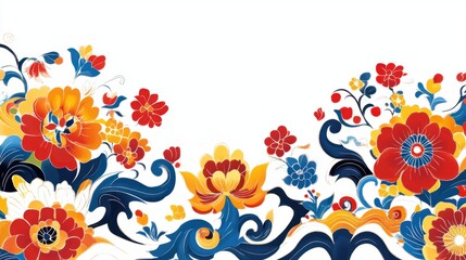 Obraz premium Traditional Korean background with colorful dancheong patterns and floral designs, symbolizing joy, isolated on white --ar 16:9 --v 6.1 Job ID: d6b466c1-1c64-418b-8f87-6b08e76f5dca