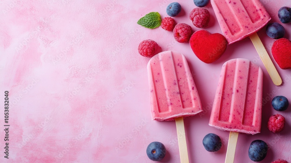 Poster heart shaped berry smoothie popsicles on a banner with ample space for text or branding