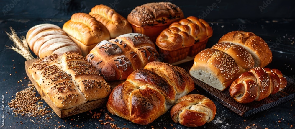 Poster The Range Of Different Types Of Fragrant Bread On Black Rustic Background