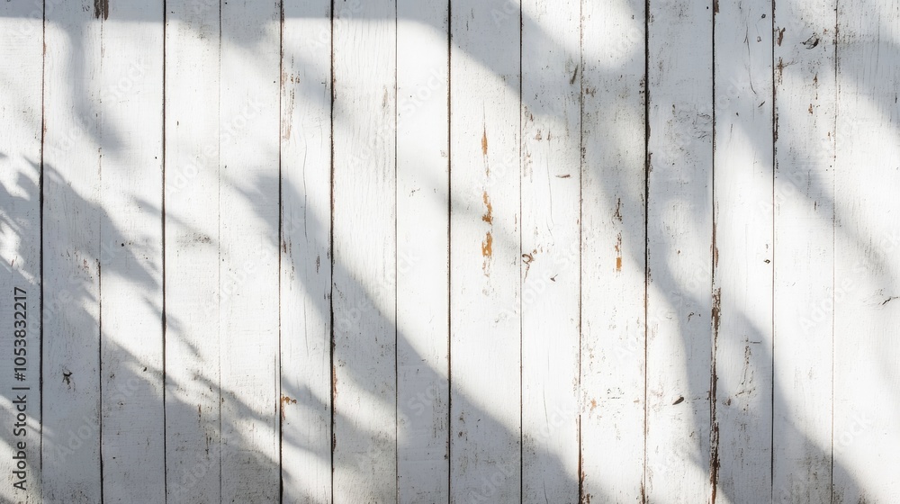 Poster White wooden wall with shadows creating an abstract minimalist background for a rustic design concept