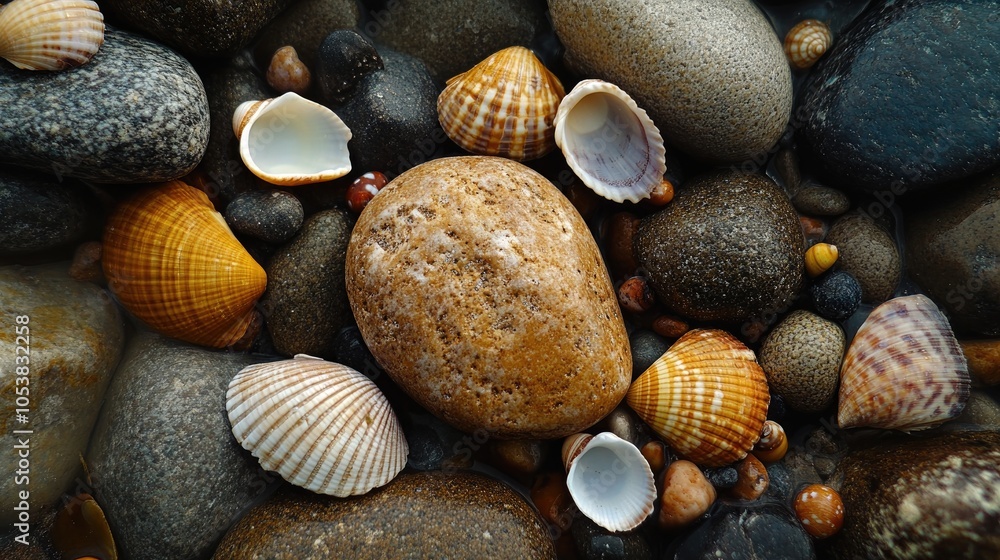 Poster a collection of rocks adorned with shells and small pebbles showcasing natural beauty and texture