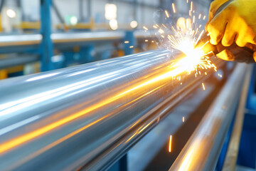 
A worker is welding steel pipes in the factory, creating sparks and light. The setting includes an industrial environment with multiple steel pipelines stretching across the frame, 