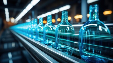A row of clear glass bottles move down a metal conveyor belt in a manufacturing plant