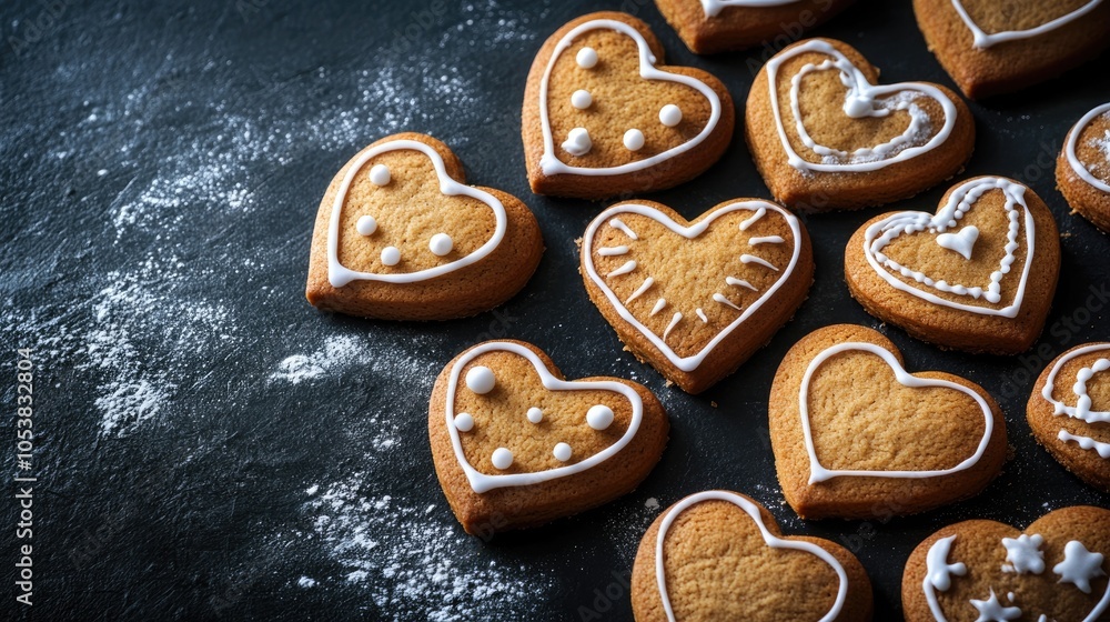 Poster gingerbread heart cookies with icing arranged on a dark textured surface serving as a festive backgr