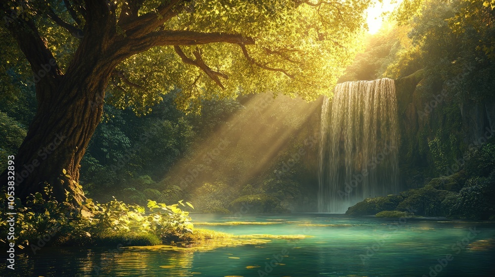 Poster Sunlight illuminates tree leaves in a lush rainforest showcasing a stunning waterfall cascading into a clear pond with a large ancient tree in the foreground