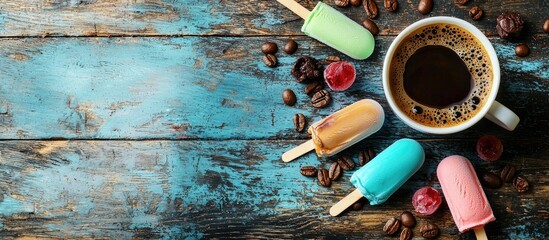 Flat Lay View Of Hot Coffee And Colorful Ice Cream Sticks On Wooden Background Written With Text New Trends On A Wooden Background