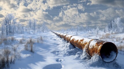 Rusty pipeline covered in snow extending across a wintry landscape