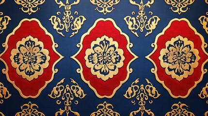 Traditional Korean pattern with golden lotus motifs on red and blue, creating a refined look, isolated on white