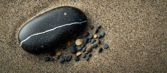 Obraz premium One Dark Stone With White Lines Laying On The Sand Contained Of Small And Bigger Grains Of Different Colors