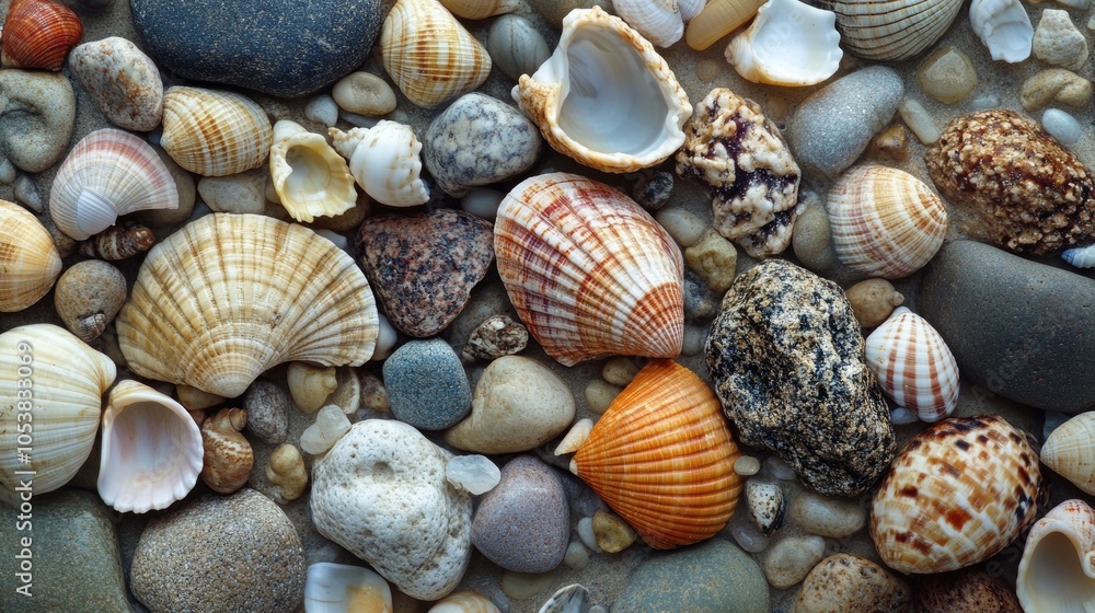 Poster a collection of rocks adorned with shells and small pebbles showcasing natural beauty and texture