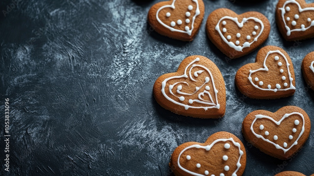Aufkleber gingerbread heart cookies with icing arranged on a dark textured surface serving as a festive backgr