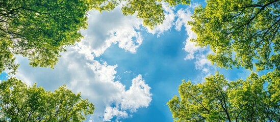 Fototapeta premium Green Trees And A Cloudy Blue Sky Background Eco Concept