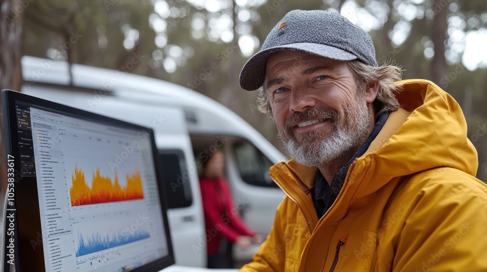 Aufkleber man with grey hat and yellow jacket smiles at camera in front of computer and camper van
