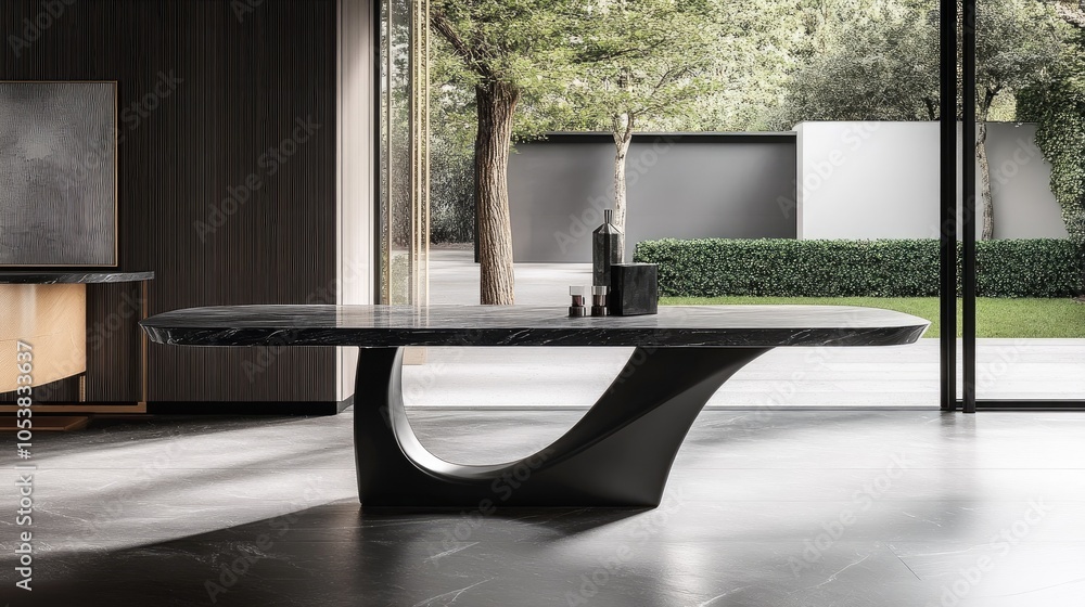 Poster A contemporary minimalist dining table showcasing a sleek base design