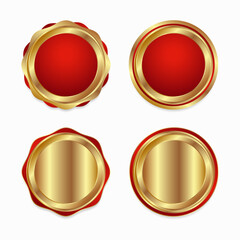 Set of gold and red badges on white background.