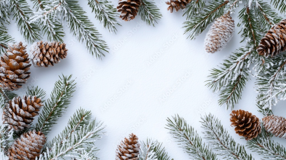 Poster snow covered pine branches and cones create a festive natural frame against a white backdrop ideal f