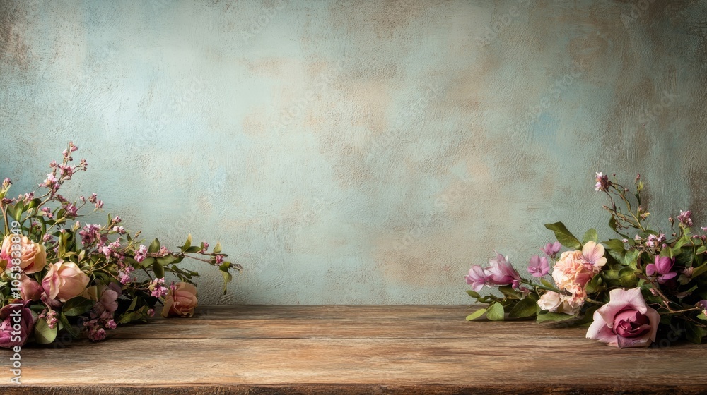 Poster Rustic Vintage Table Featuring Floral Arrangement for Product Display and Empty Area for Text
