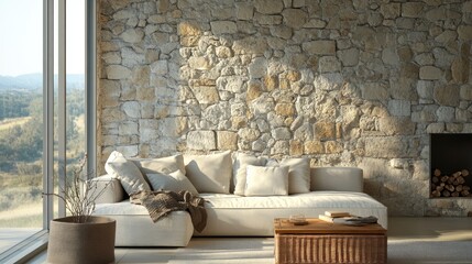 Corner sofa positioned by a window in a room featuring stone clad walls Farmhouse style enhances this modern living area with a stunning minimalist design Elegant couch centerpiece