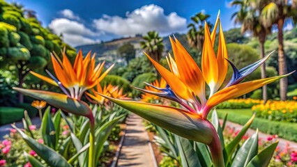 Fototapeta premium reflected strelitzia in botanical garden