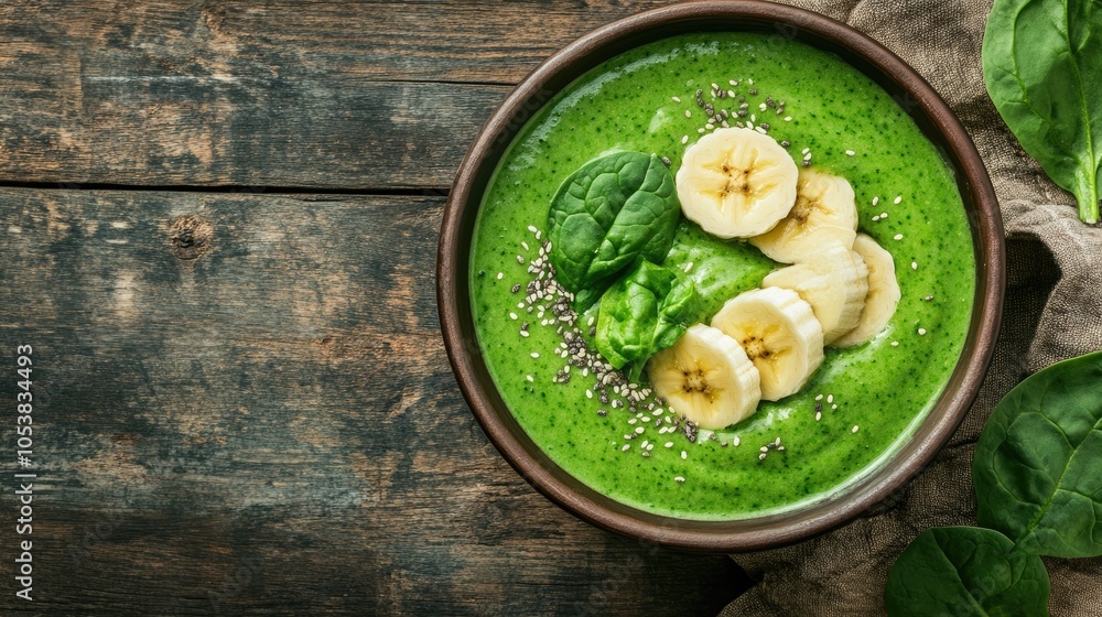 Aufkleber green smoothie bowl made with banana and spinach on a wooden surface healthy breakfast concept featu