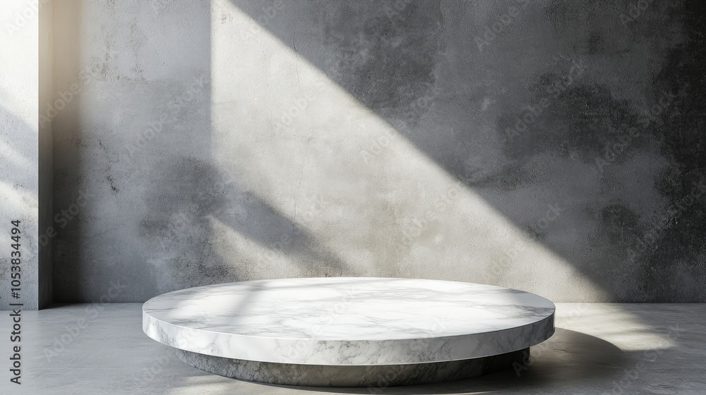 Poster round marble table top against a gray and white wall illuminated by natural window light ideal for s