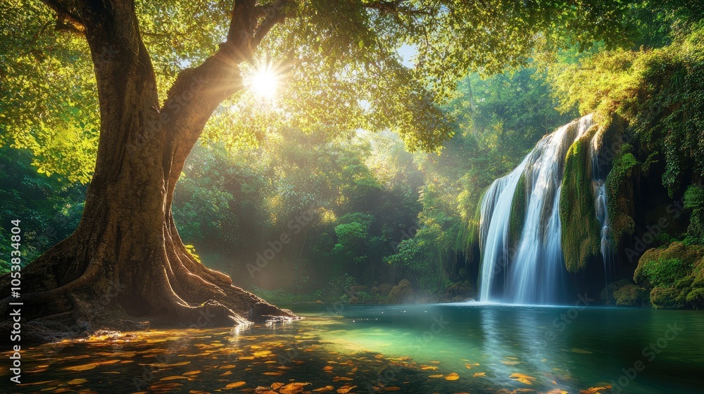 Poster Sunlight illuminates tree leaves in a lush rainforest showcasing a stunning waterfall cascading into a clear pond with a large ancient tree in the foreground