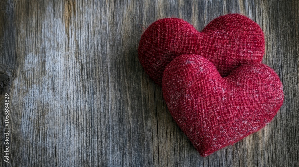 Poster two red fabric hearts placed on a rustic wooden surface symbolizing love heartbeat texture and a nos