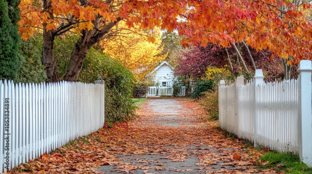 Poster white picket fence surrounded by trees adorned with autumn leaves reflecting the essence of the fall