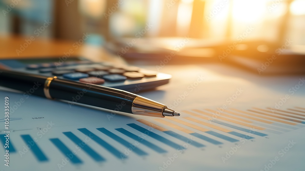 Poster a calculator and pen on a financial report with bar graphs, symbolizing business analysis.