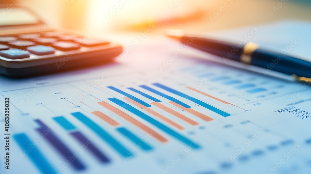Poster a calculator and pen are placed on financial graphs and charts for analysis.