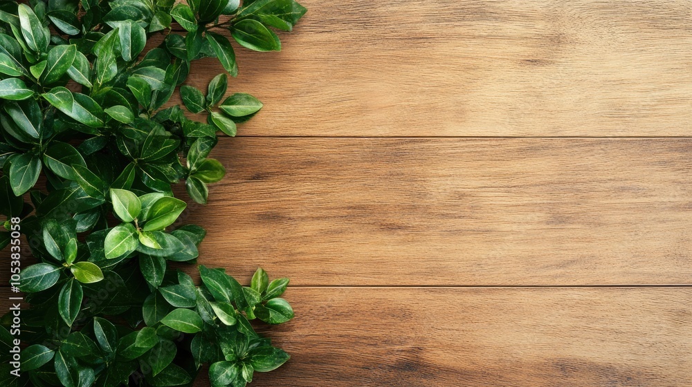Aufkleber wooden backdrop featuring a green plant aerial perspective with ample space for text high quality im