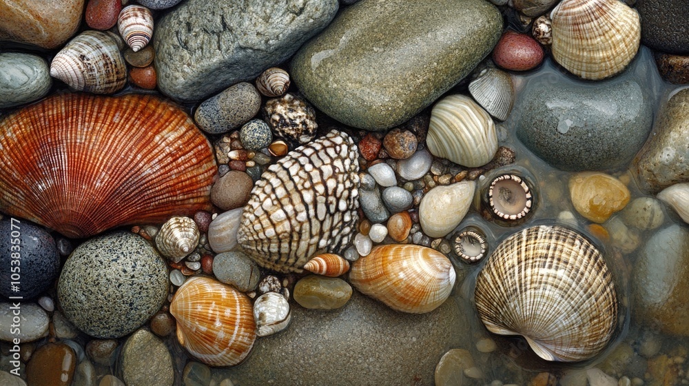 Poster a collection of rocks adorned with shells and small pebbles showcasing natural beauty and texture