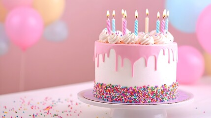 Colorful Birthday Fruit Cake with Sprinkles and Candles - Delightful Celebration Scene Perfect for Party Invitations and Festive Occasions