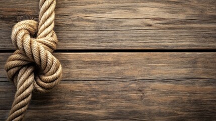 Fototapeta premium Nautical knot on a wooden surface with a sturdy aged maritime rope