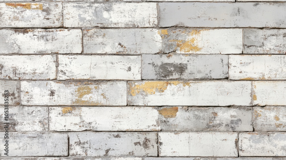 Aufkleber Rustic brick wall texture featuring a light white and gray color scheme with visible damage perfect for a panoramic background