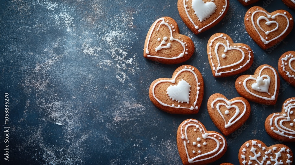 Aufkleber gingerbread heart cookies with icing arranged on a dark textured surface serving as a festive backgr