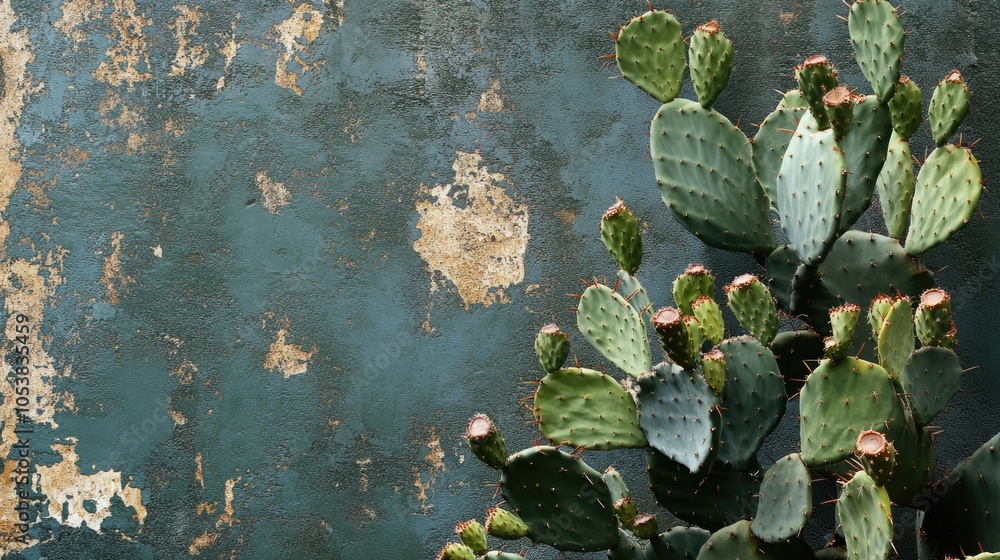 Poster lively green cacti flourishing on a textured vertical backdrop in natural light with ample copy spac