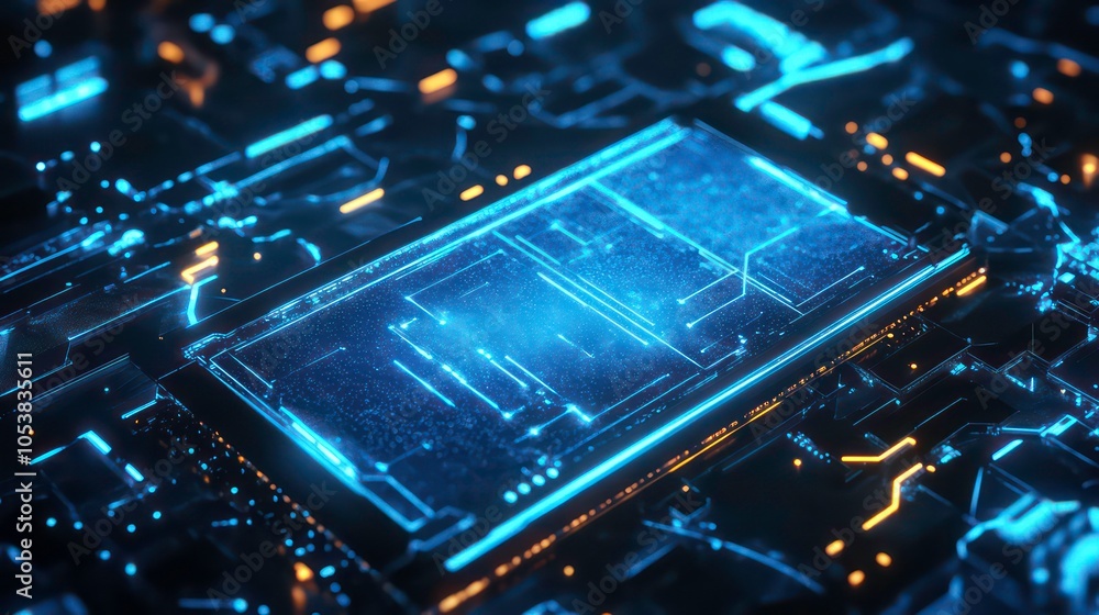 Poster a futuristic circuit board with glowing components, representing advanced technology.