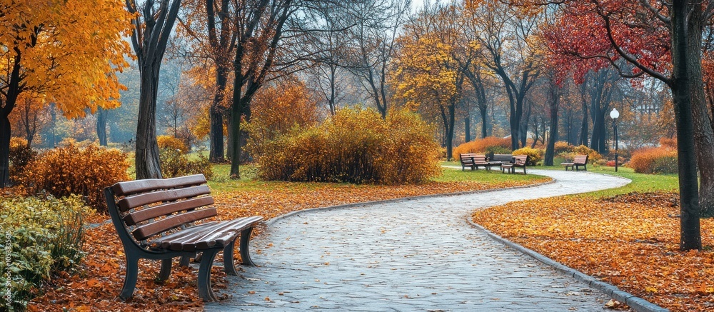 Poster a lone bench sits on a paved path winding through a park in the fall. the trees are filled with vibr