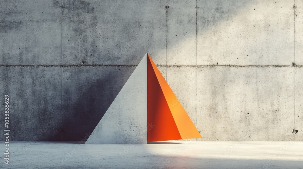 Poster A standing brochure mockup features geometric shapes highlighted by a bold orange triangle set against a textured concrete backdrop