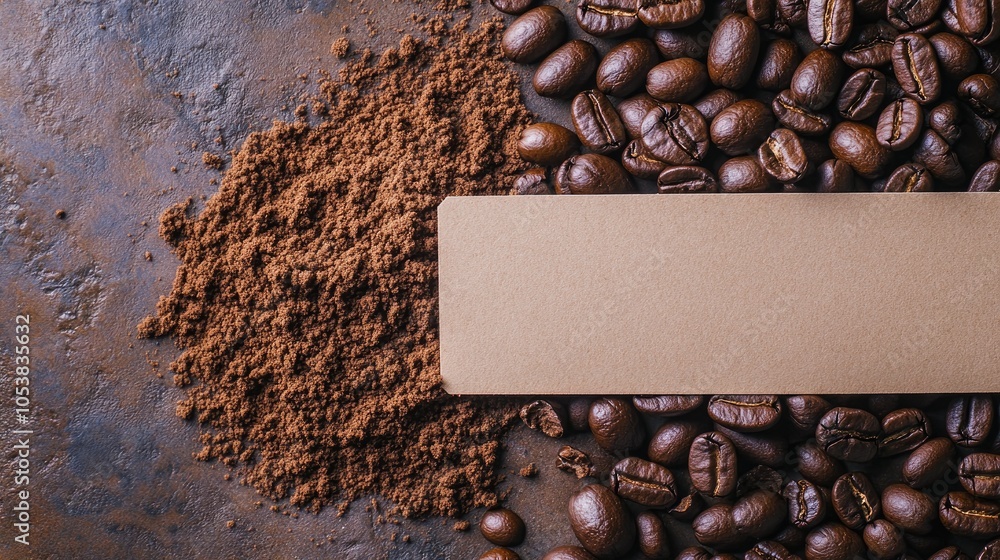 Poster Coffee beans and a pile of ground coffee on a table with an empty banner for text placement