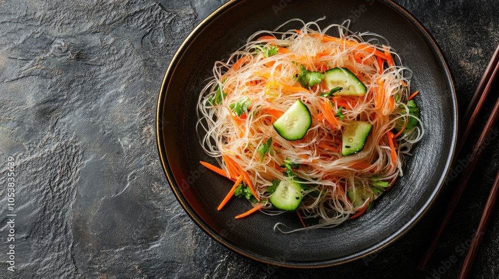 Poster bean thread noodle salad with cucumber and carrot a vibrant vegetarian dish served on a plate atop a