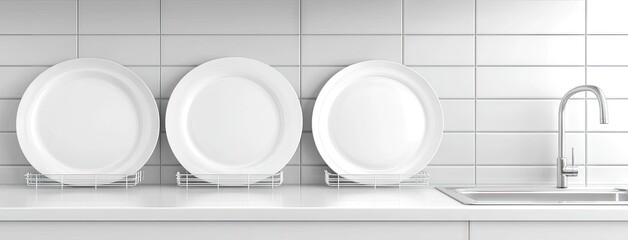 Elegant white plates resting in a dish rack on a sleek kitchen counter with a faucet in a modern, minimalistic setting