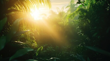 Obraz premium Sunlight Streaming Through Dense Tropical Foliage
